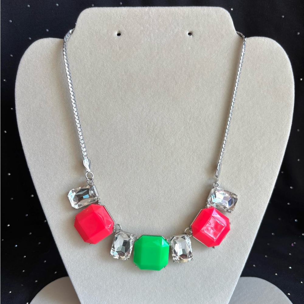 Summer Statement Necklace with Hot Pink, Neon Green, and Clear Crystal Stones